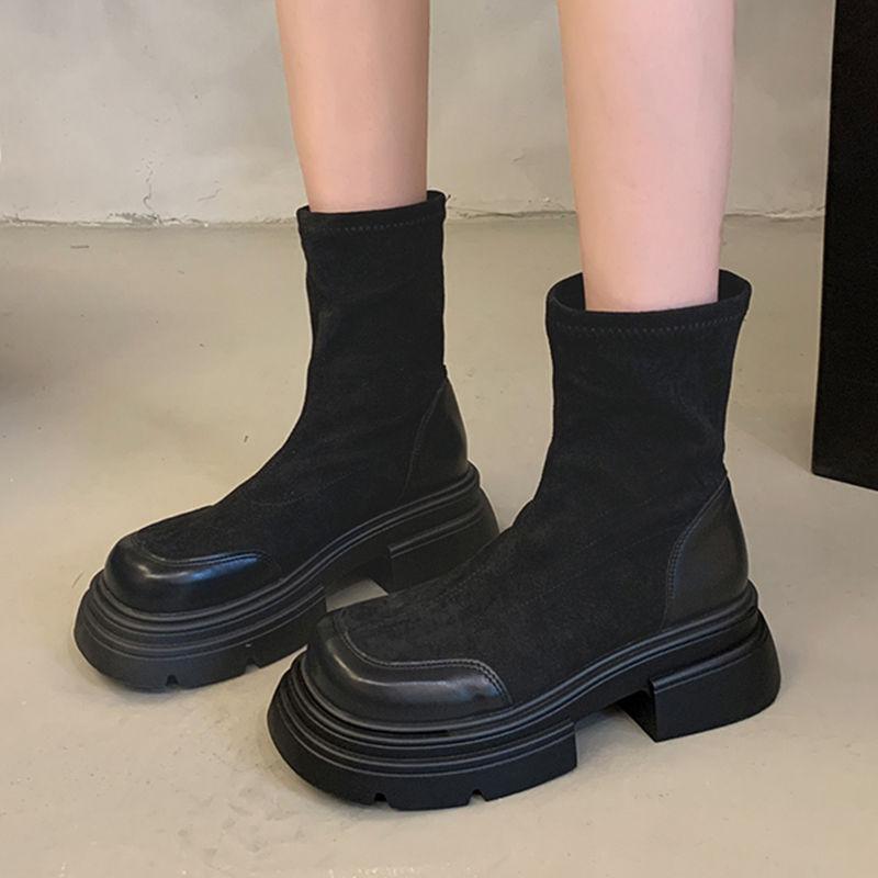 Platform short boots women's 0000 new early spring elastic thin boots retro British Martin boots Chelsea single shoes