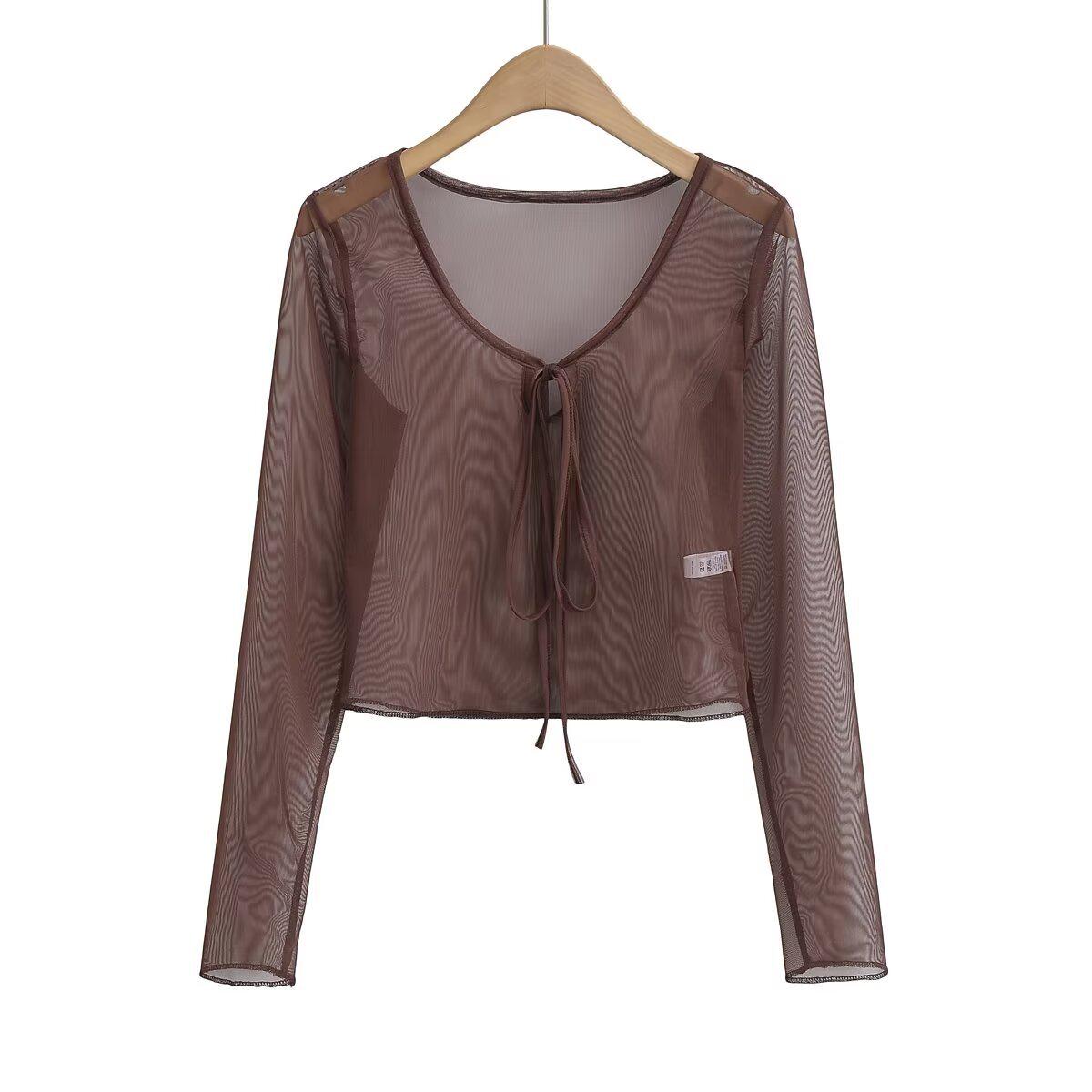 

2025 Spring Women s Sexy Mesh Tie Cardigan Long-Sleeve T-Shirt Medium