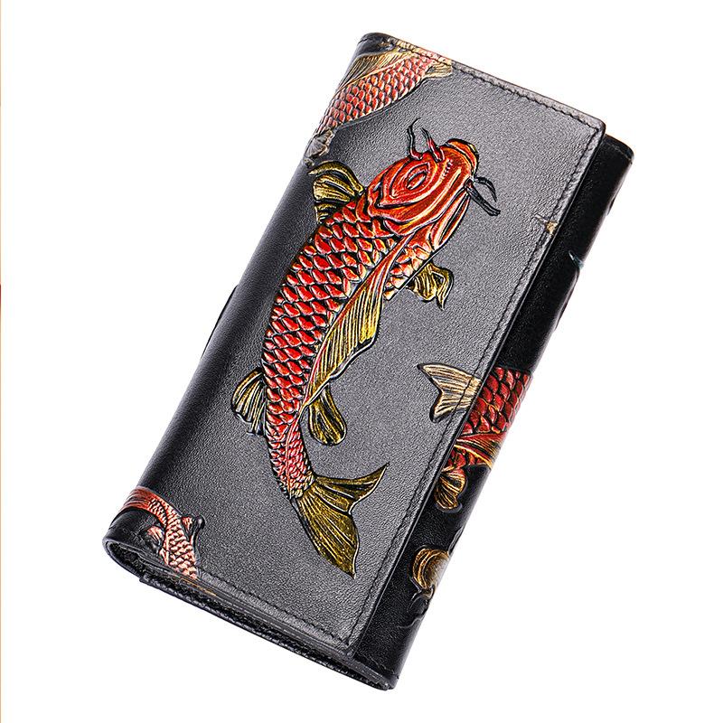 

Fashionable hand-painted craft wallet, new women s long leather wallet, vintage top layer cowhide zipper, attracting wealth fish