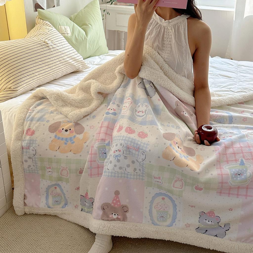 Cartoon Puppy Faux Lambs Wool Blanket Double Layer Thick Warm Fleece Throw Blanket for Sofa Bed Spring Autumn Soft Plush Blanket