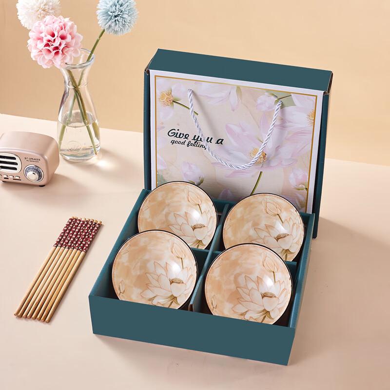 RuHan Ceramic Golden Lotus Glazed Bowl & Chopstick Set