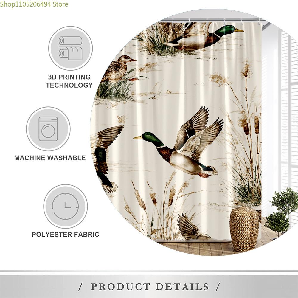 1pc Rustic Farmhouse Duck Shower Curtain with Flying Mallards and Reeds Nature Theme Bathroom Decor Bath Divider Hanging Curta