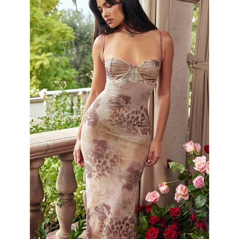House of Sexy Ancient Nude Leopard Print Print Suspender Skirt French Atmosphere Elegant Long Silm Dress