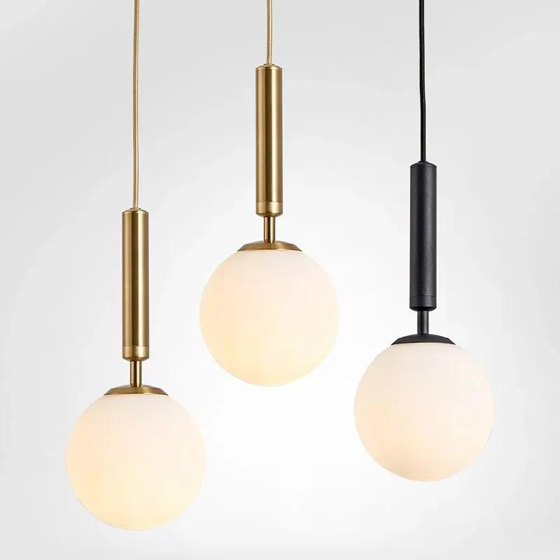 Modern Glass Pendant Light Brass Black Milk Ball LED Chandeliers Lighting for Bedroom Dining Stairs Ceiling Hanging Lamp Lustres