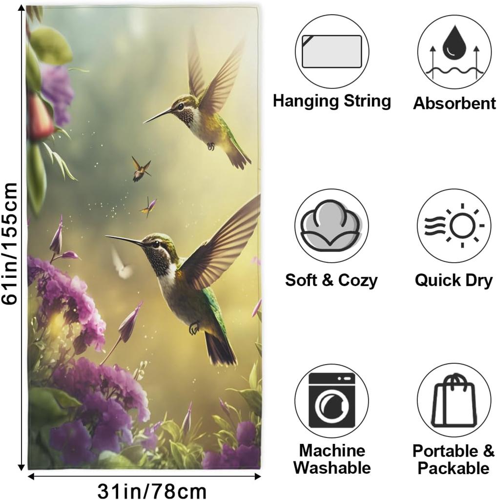 Hummingbird Flower Beach Towel,Large Microfiber Quick Dry Lightweight Pool Bath Towels Sand Free Beach Blanket for Summer Cruise