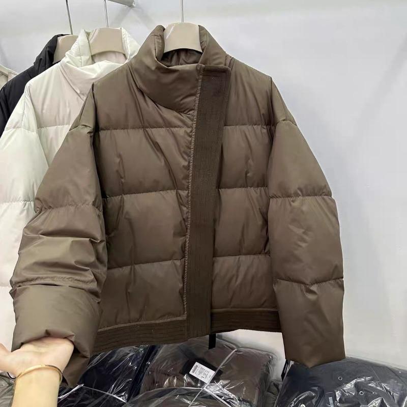Down Jacket Women, Winter Woolen Splicing Diagonal Zipper White Duck Down Medium and Long Bread Jacket