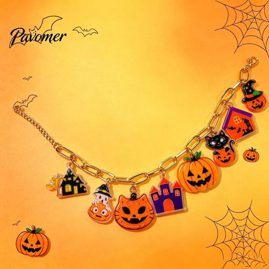 Acrylic Pumpkin Wrist Jewelry Halloween Charm Bracelets for Women, Cute Spooky Cat Ghost Castle Pendant Holiday Costume Accessory Bracelet, Adjustable