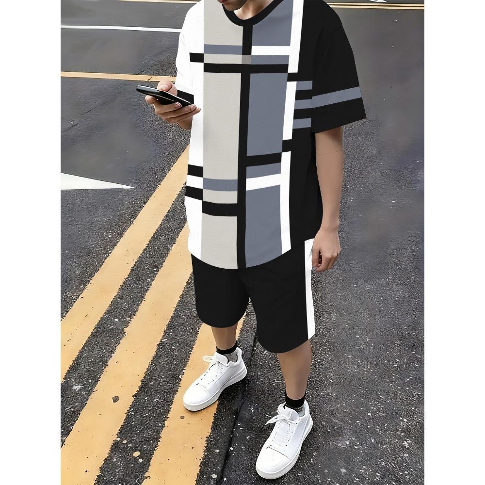 Men s Summer Comfortable Fashionable Creative Stripe 3D Printed 2-piece Set Leisure Sports Style Loose Oversized Breathable Sports Wear S