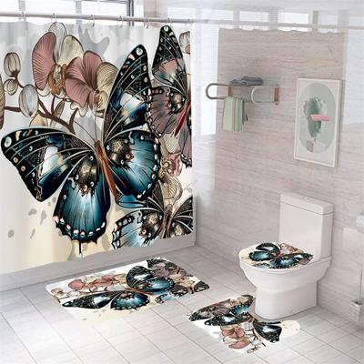 4PCS Butterfly Waterproof & Washable Shower Curtain and Bath Mat Set Bathroom Shower Curtain