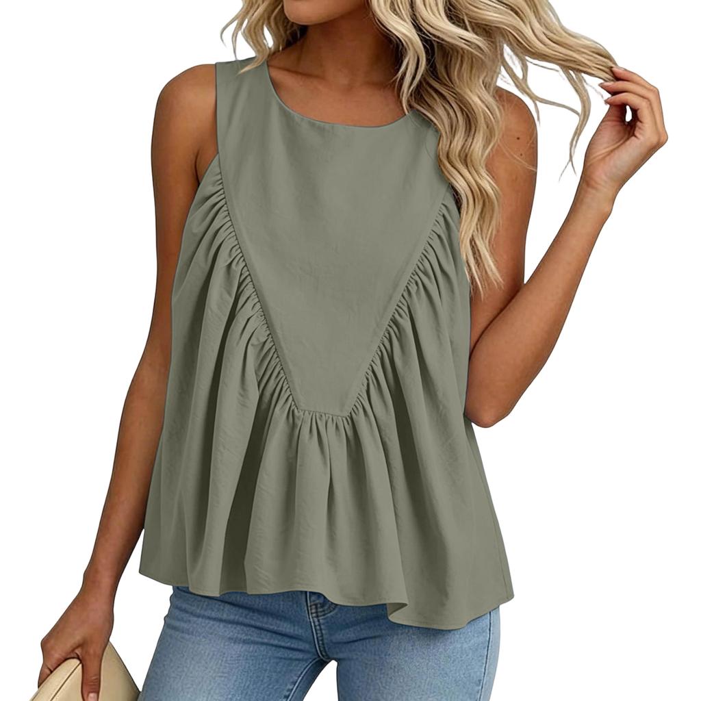 Women’s Sleeveless Pleated Tank Top Casual Loose Fit Crew Neck Blouse Simple Solid Design for Daily Wear