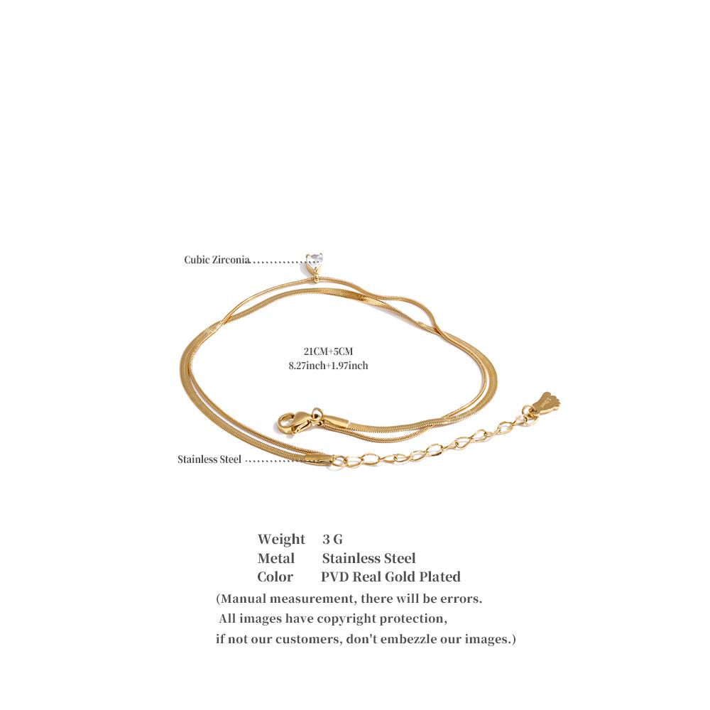 Yhpup Stainless Steel Zirconia Snake Chain Double Layer Anklet Exquisite Fashion Basic Casual Lightweight Jewelry Gift