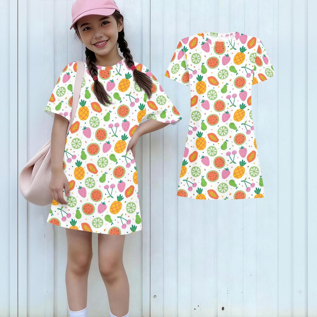 Girls Print Casual Dress Kids Loose Round Neck Short Sleeve Thin Sundress