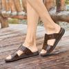 Daily Men Leather Sandals with Flat Sole Exposed Toe Stone Pattern Breathable Solid Color Classic Men Sandals Slippers