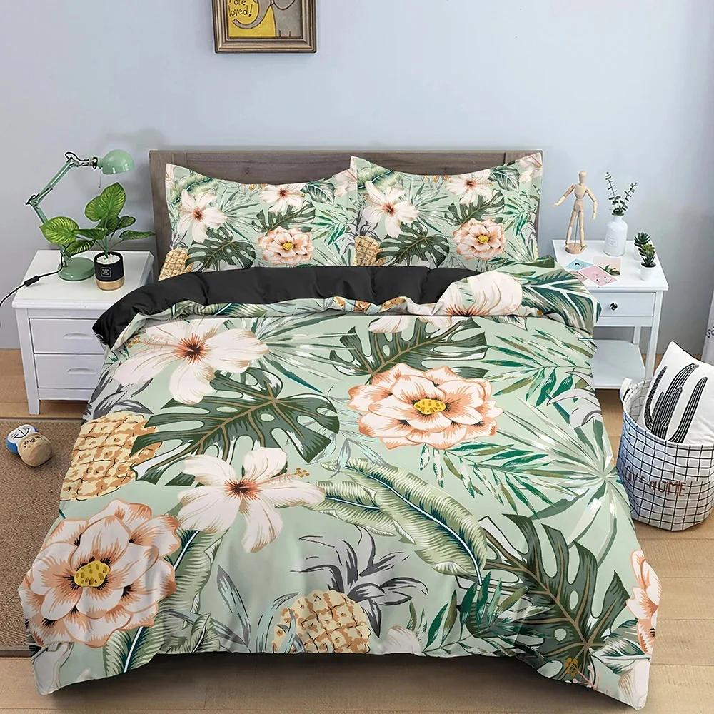 Tropical Flower Leaf Duvet Cover King Queen Colorful Vintage Floral Bedding Set for Adults Women Boho Polyester Comforter Cover