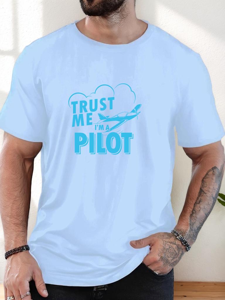 T-Shirt Print 100% Cotton Pilot Slogan Pattern Summer Round Neck Breathable Men's Short Sleeves Loose Cotton Tee Daily Top