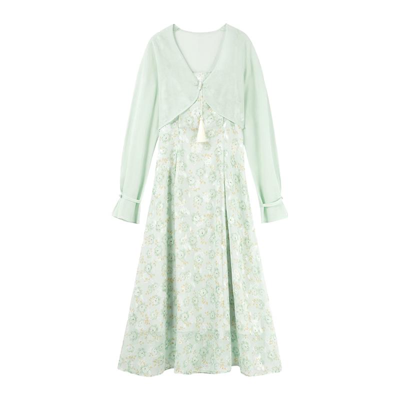 

Qiushui Yiren Mint Mambo Chinese Style Knit Cardigan & Camisole Dress Set S