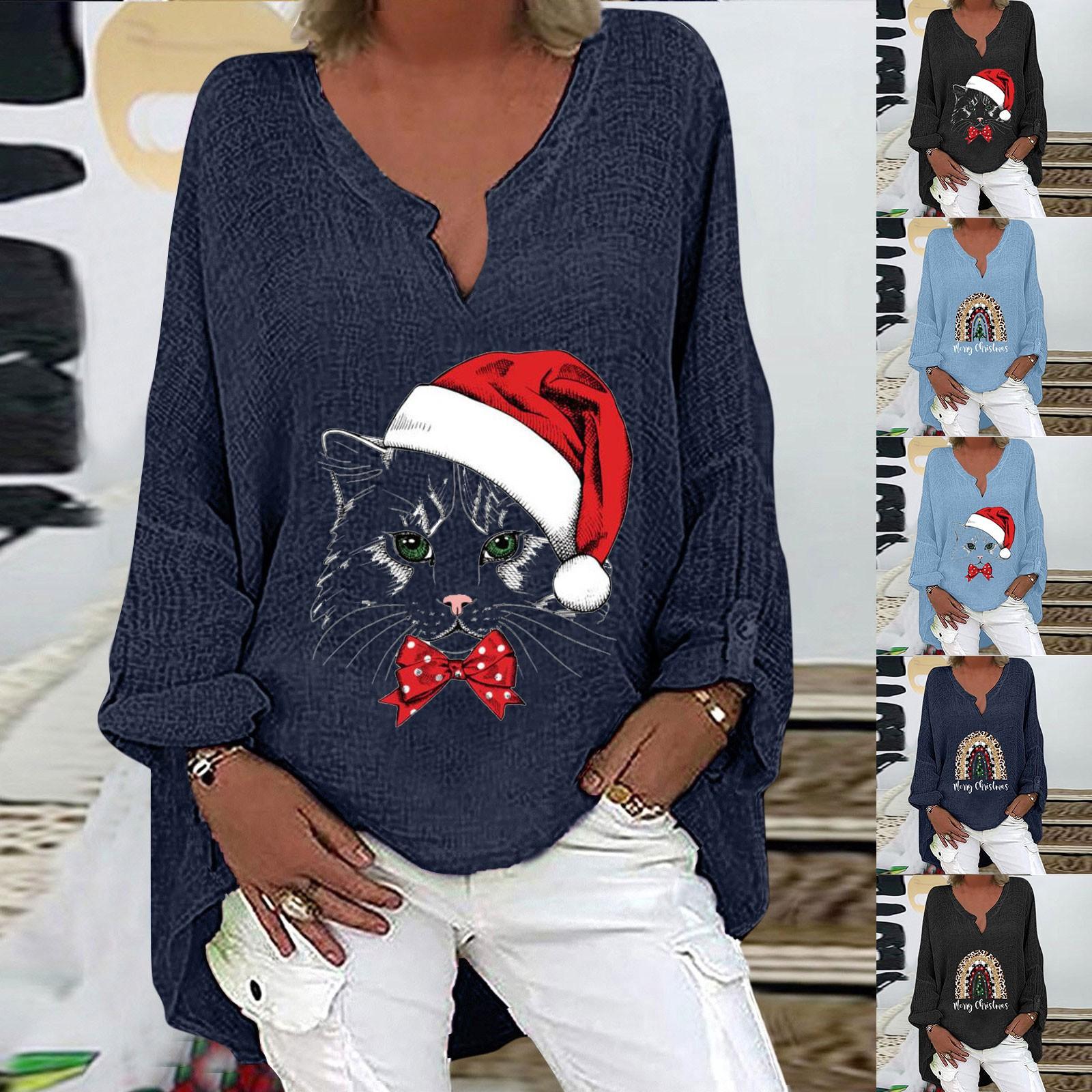 

Ladies Casual Loose Christmas Print V-Neck Cotton Linen Long Sleeves Top