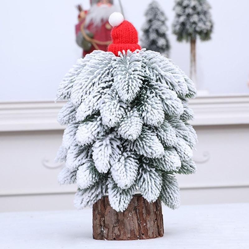 Snow Dusted Christmas Tree Desk Decoration With Wood 20cm Height For Living Room Bedroom Tabletop Decoration