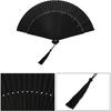 Maitys 2 Pcs 8.4" Small Black Folding Hand Fans Bamboo Silk Folding Hand Rave Fan with Tassel for Line Dancing Festival Craft Dance Decoration for