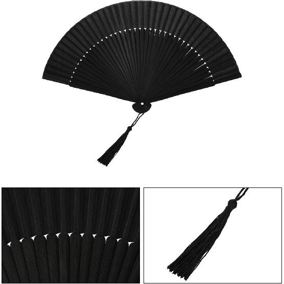 Maitys 2 Pcs 8.4" Small Black Folding Hand Fans Bamboo Silk Folding Hand Rave Fan with Tassel for Line Dancing Festival Craft Dance Decoration for