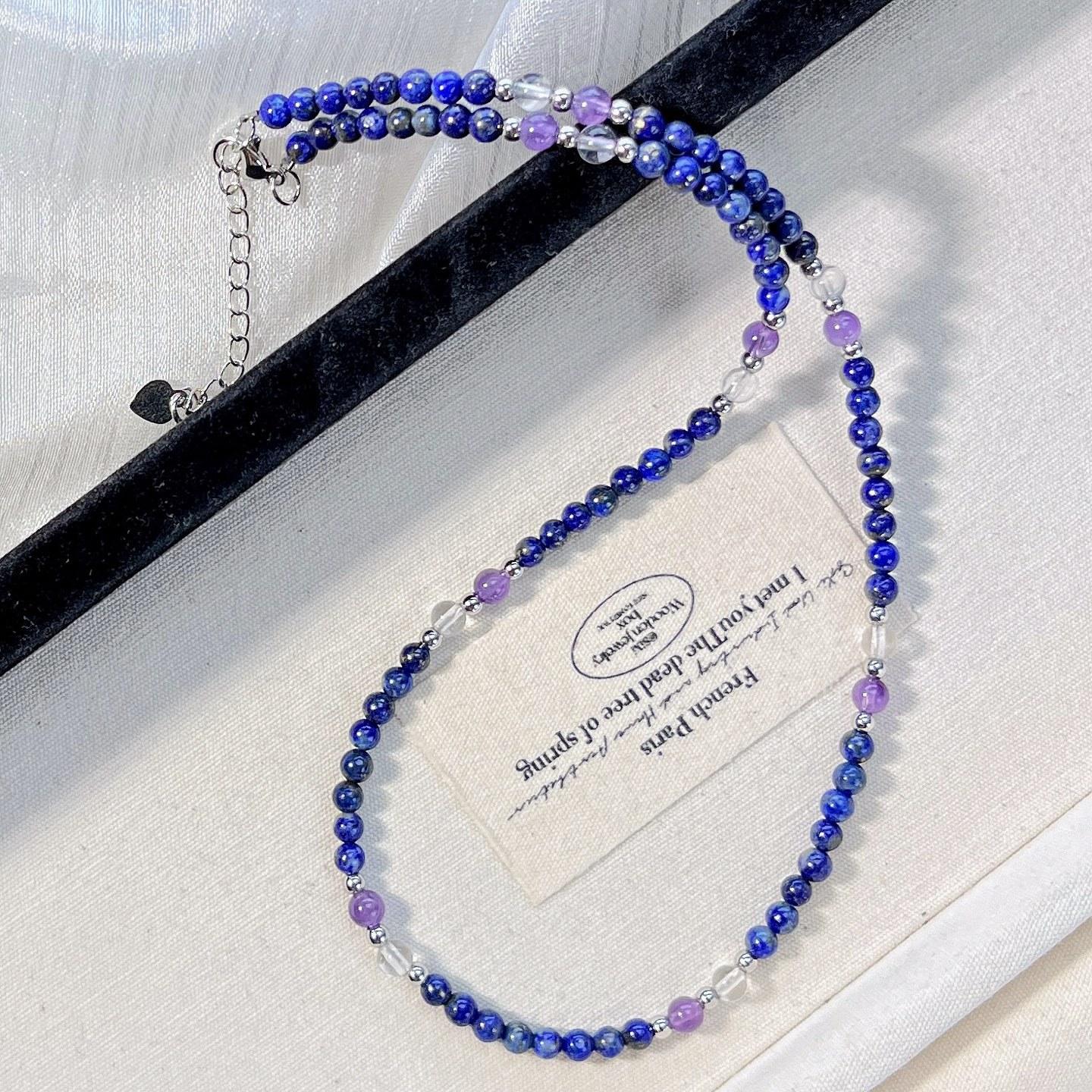 4Mm Vintage Natural Lazuli White Crystal Amethyst Clavicle Chain Necklace