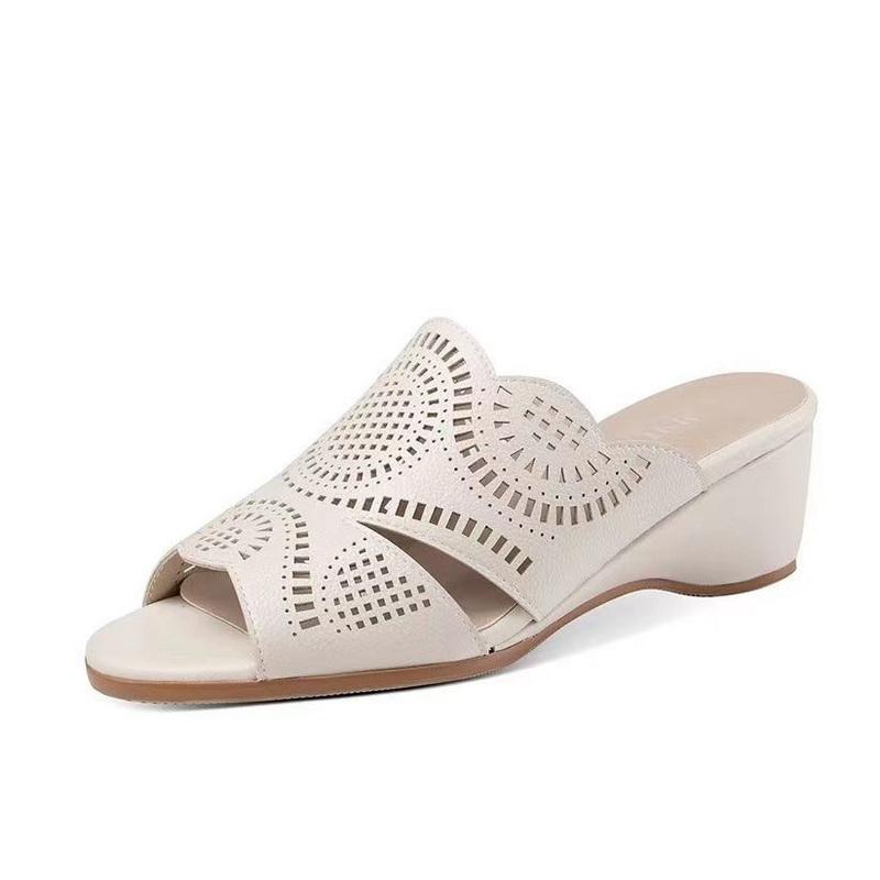 Fashion FHC 2024 New Women Mid Heels Slippers,Wedges Slides,Hollow Out Summer Shoes for Mum,Open Toe,Soft Bottom,Slip On,Beige,Dropship