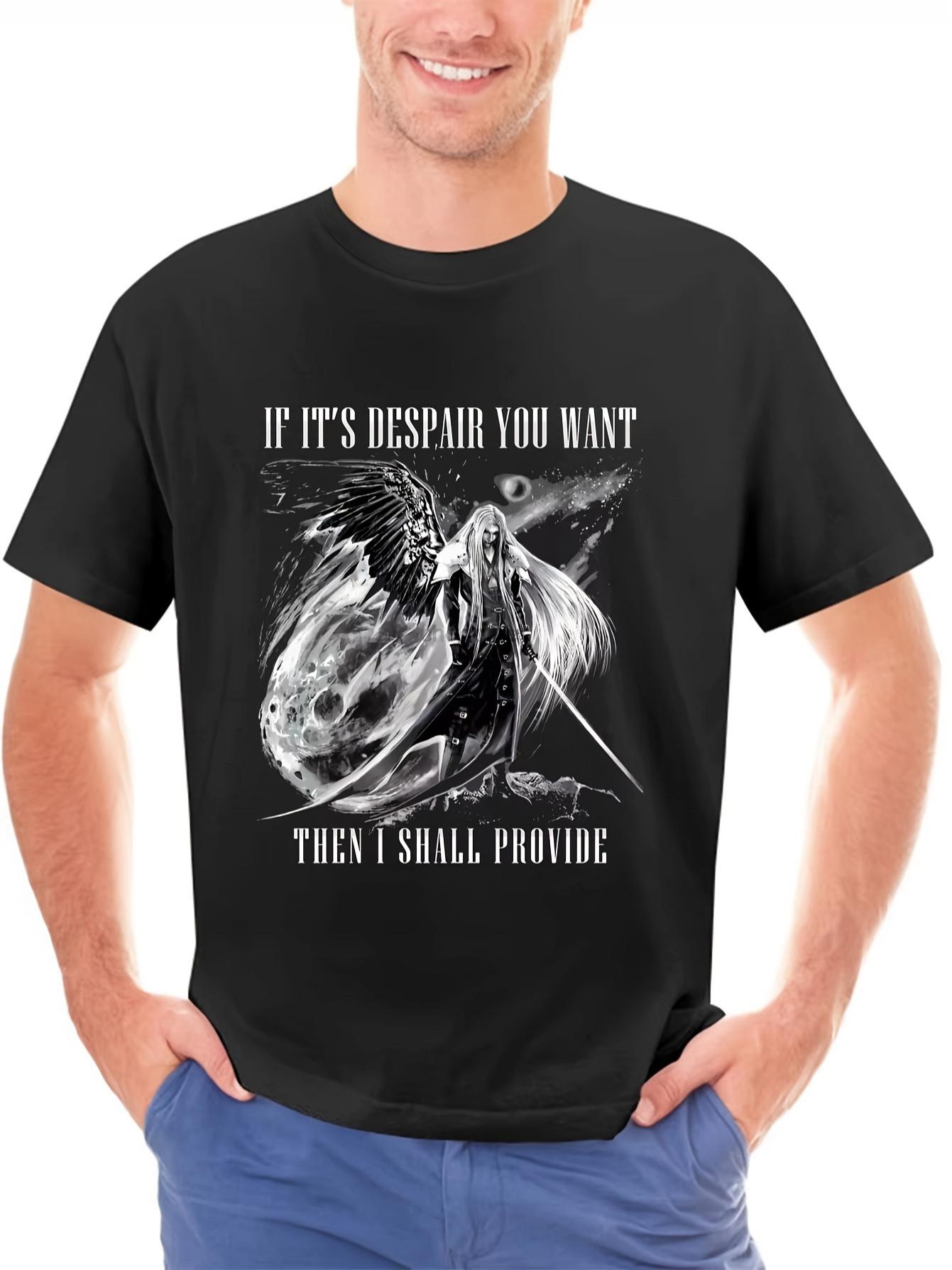 New Year Mens Sephiroth Angel Pattern Tshirt Black Background with White Text Short Sleeved Round Neck Casual Game Tshirt S