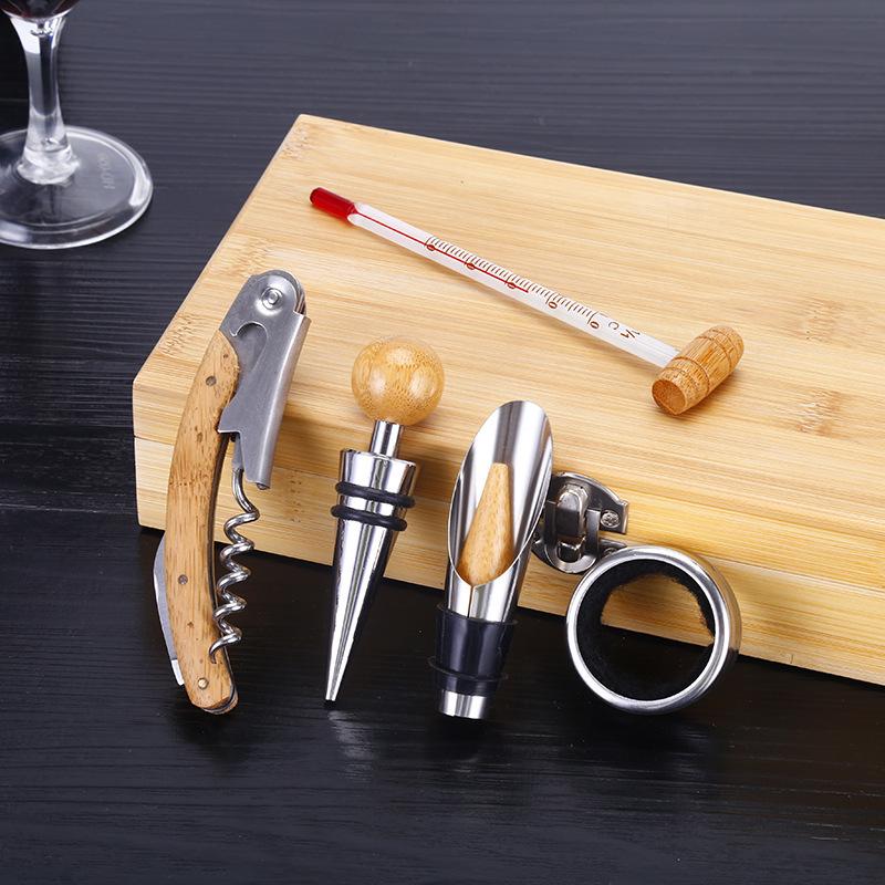Premium Wine Opener Gift Set: Stainless Steel Pourer, Leather & Wooden Box, Waiter's Knife Corkscrew Barware