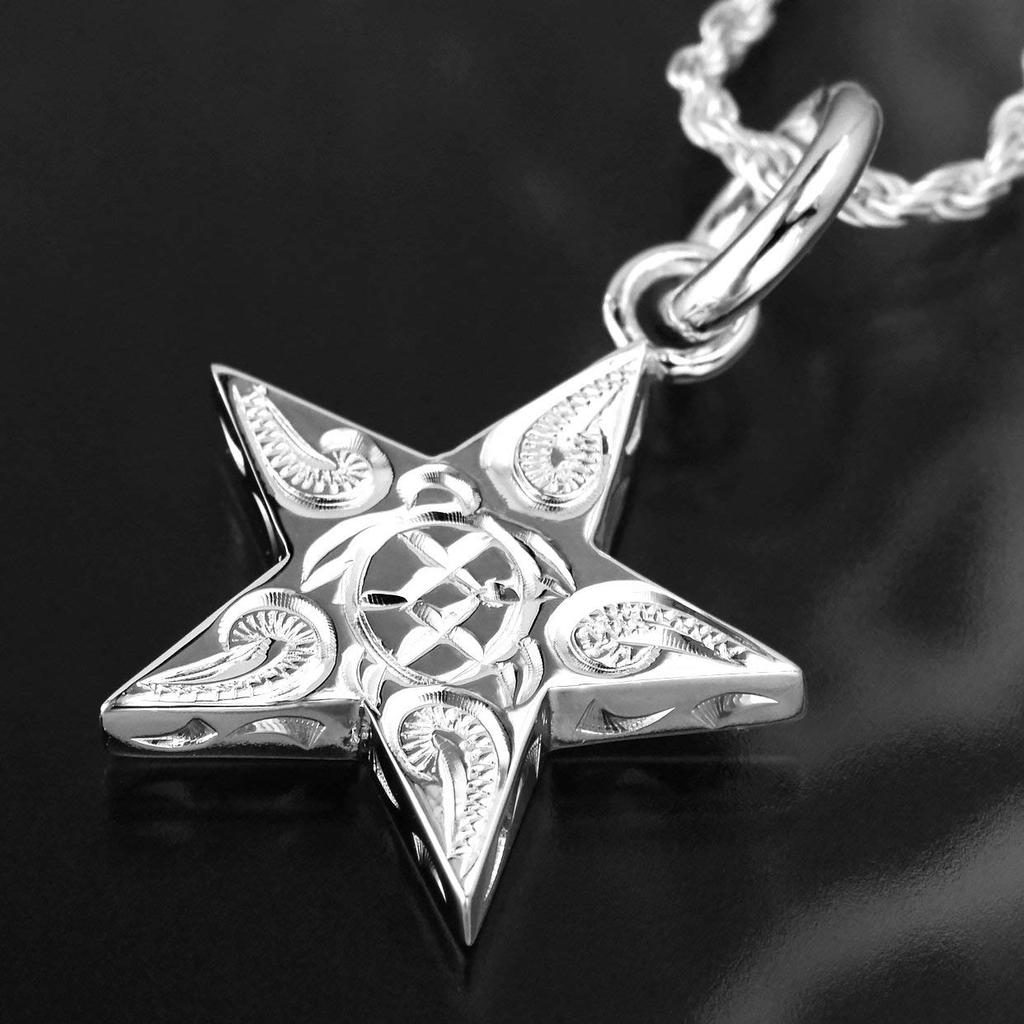 Leilani Hawaiian Jewelry Star Honu (Sea Turtle) & Scroll Engraved Pendant Necklace for Men, 925 Sterling Silver (Includes 50cm Rope Chain)
