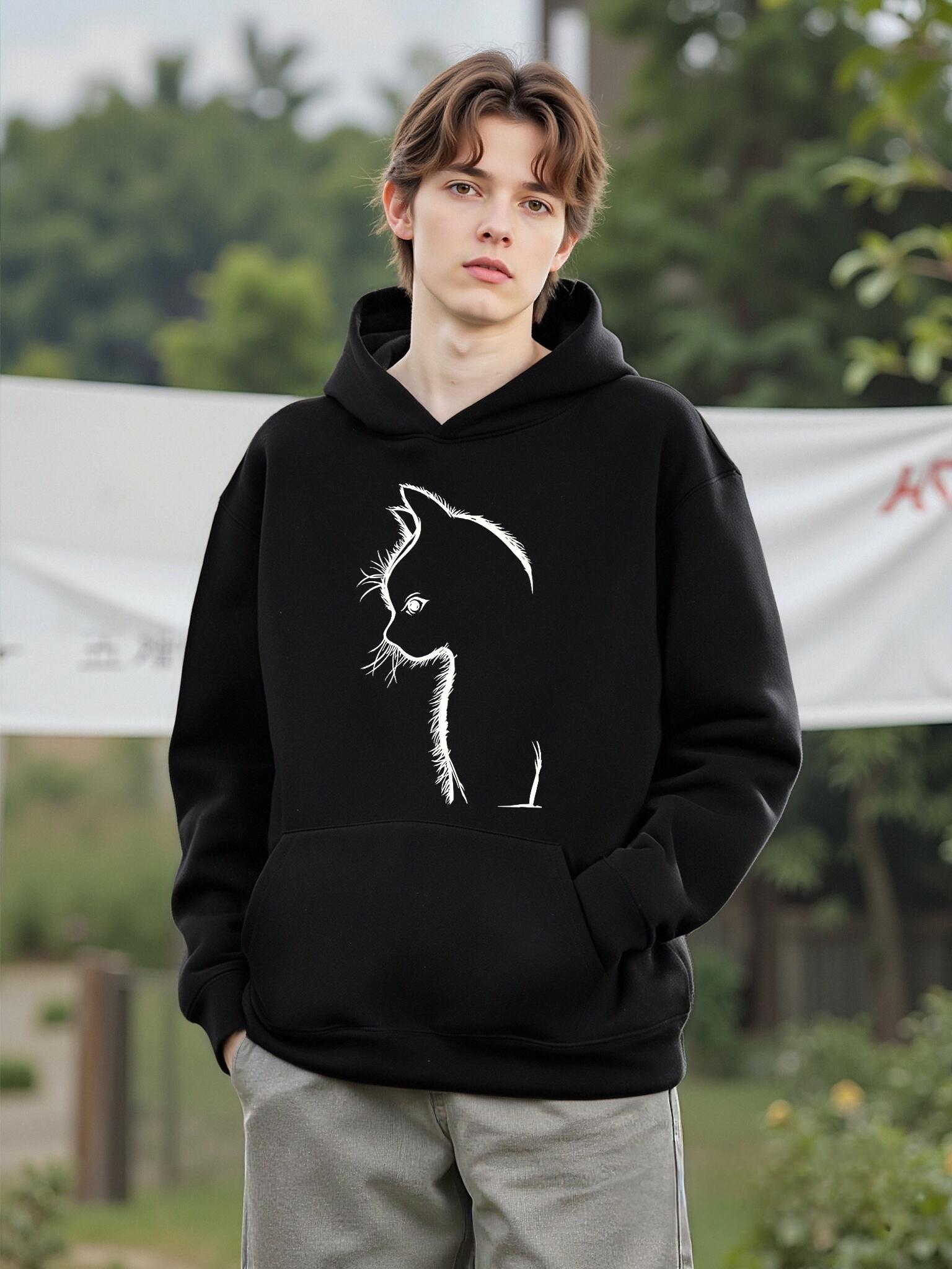 

Shadow Cat Printing Men Hoody Comfortable Fleece Sweatshirts Autumn High Street Pullovers Casual Comfy Clothes Soft Warm Tops 2XL