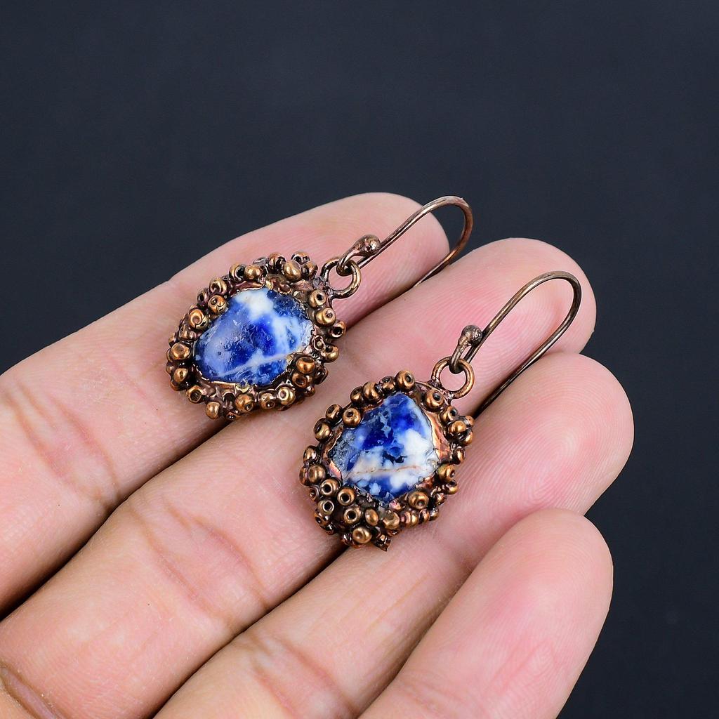 Sodalite Handmade Gemstone Earrings, Copper Electroformed Earrings Antique Jewelry, Earrings For Engagement Gift