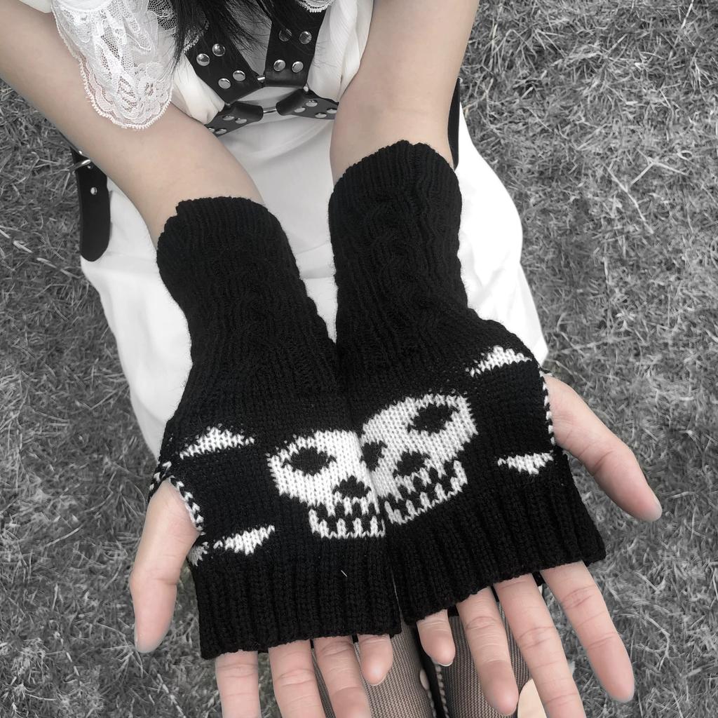 Y2K Punk Harajuku Skelett Gothic schwarze gestrickte plissierte Handschuhe gepaart mit Ärmelstulpen für winterliche Wärme