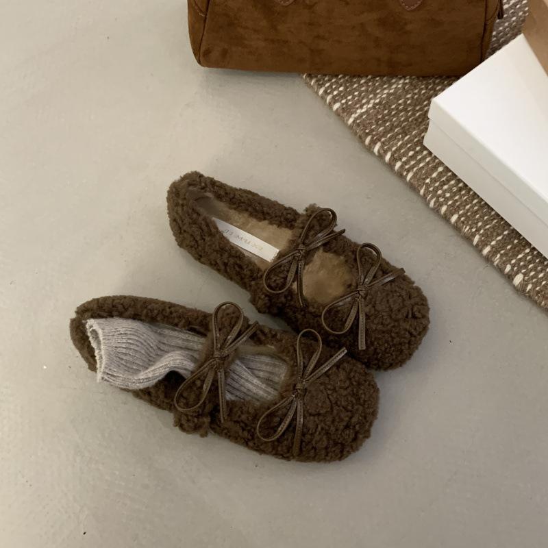 

2025 осень и зима пушистые туфли с носками мягкая подошва легкий вырез бант стиль девушки Мори абрикосовый вельвет одинарные туфли женские 39 коричневый