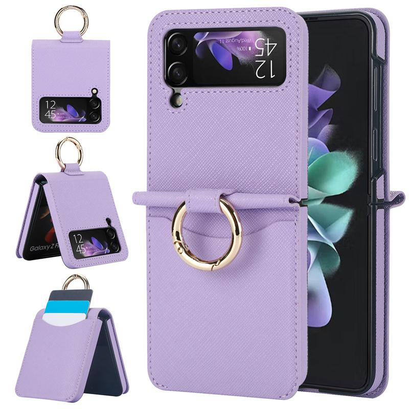 

For Samsung Z Flip 3 Luxury Cross Pattern Folding Ring Phone Case For Samsung Z Flip 4 Z Flip 5 Insert Card Shock Back Cover For Galaxy Z Flip3 фіолетовий