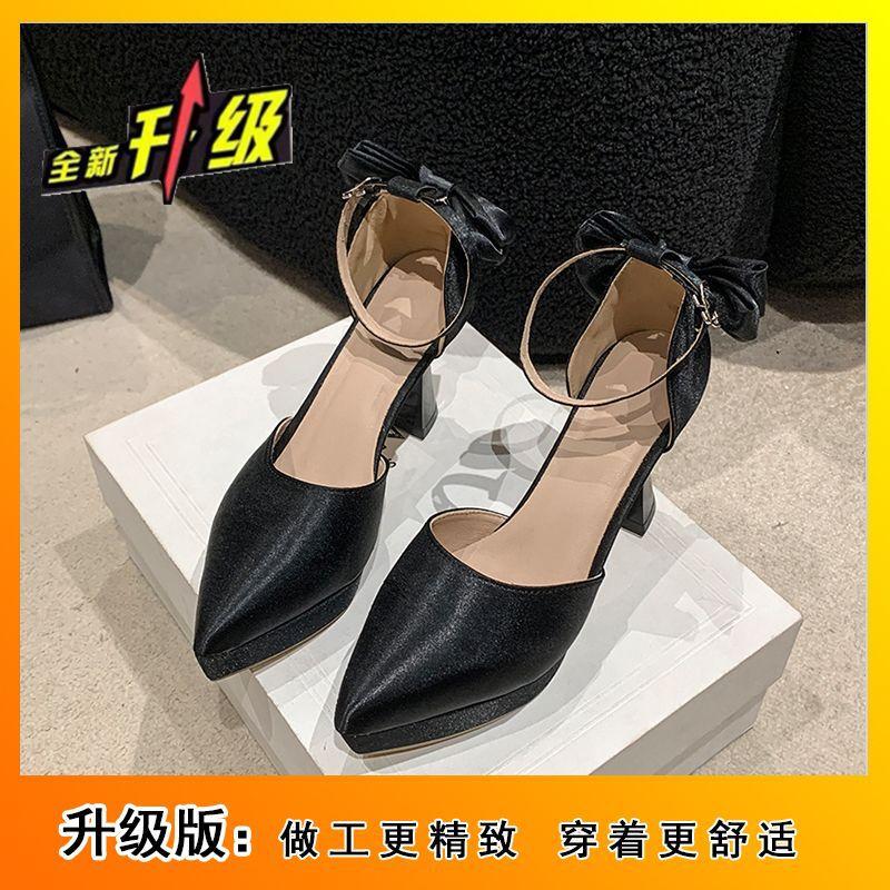 French Pointed Bow Thick Heel One-word Buckle Strap Single Shoes Women's Fashion Waterproof Table High Heels Women Are Not Tired of Feet 2025