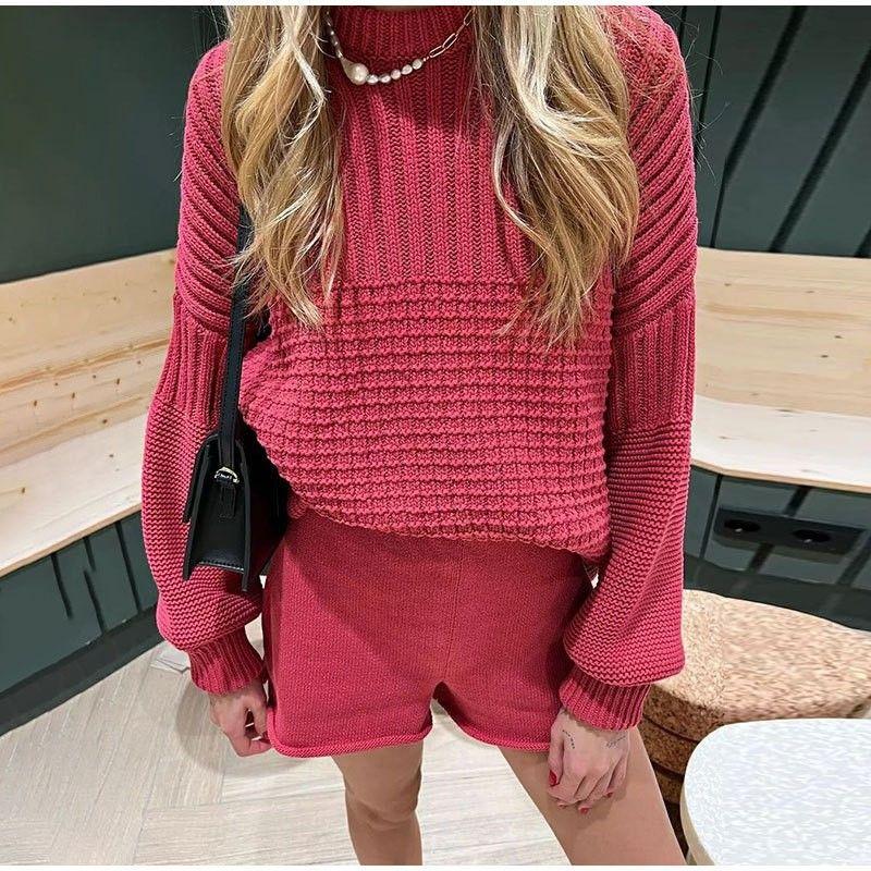 

Graceful Fashionable Set Fall and Winter New Arrival Fashion Style Knitting round Neck Long Sleeves Loose Casual Shorts Two-piece Set Women Rose Red M