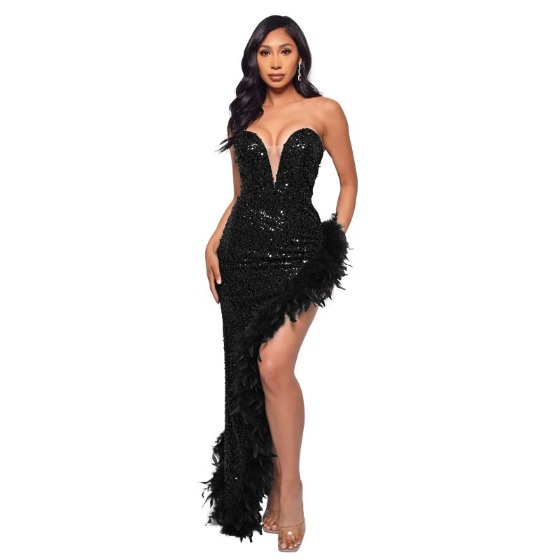 

European and American Women s Clothing 2023wishebay Tube Top Backless Sequin Feather Dress Female Black XXXL