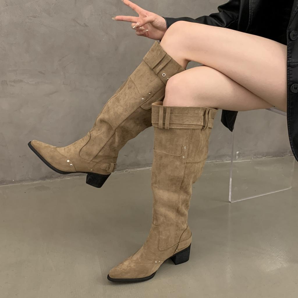 Retro Vacation Style Western Boots Women's Imitation Leather Thick Heel Knight Boots Belt Buckle Pointed Temperament Stacking Boots