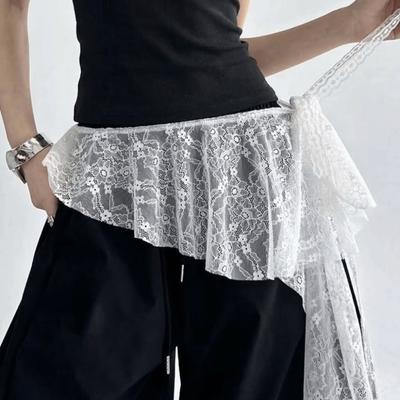 Embroidered Flower Lace Trim Butt Curtain Irregular Hem Mini Apron  Y2K Streetwear