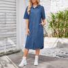 Summer Midi Shift Denim Dress for Women with Pockets Short Sleeve Button Down Lapel Jean Shirt Dress