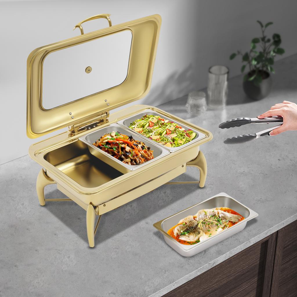 3 Fächer Edelstahl Buffetwärmer, Gold Rechteckiges Chafing Dish Buffet-Set Tischplatte 58*42*28cm für Hotels, Cafeterias