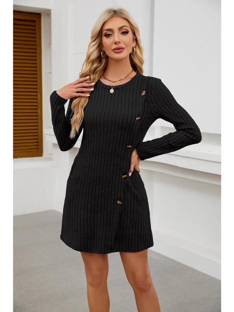 Popular Women's Round Neck Side Button Pocket Long Sleeved Waist Tied Dress