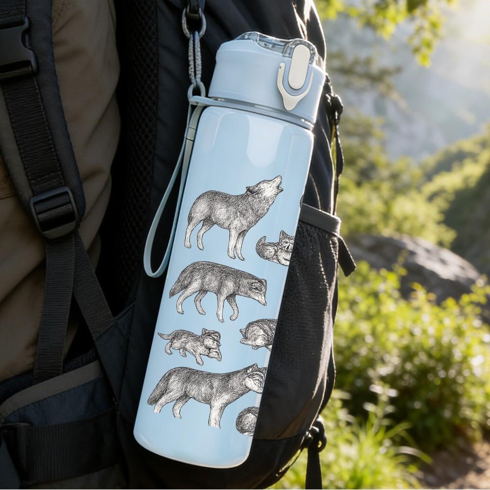 1PC Wolf Pack Silhouette Art 750ml Color Plastic Sports Water Bottle Leakproof Flip Straw Lid Suitable for Sports Office Home Use
