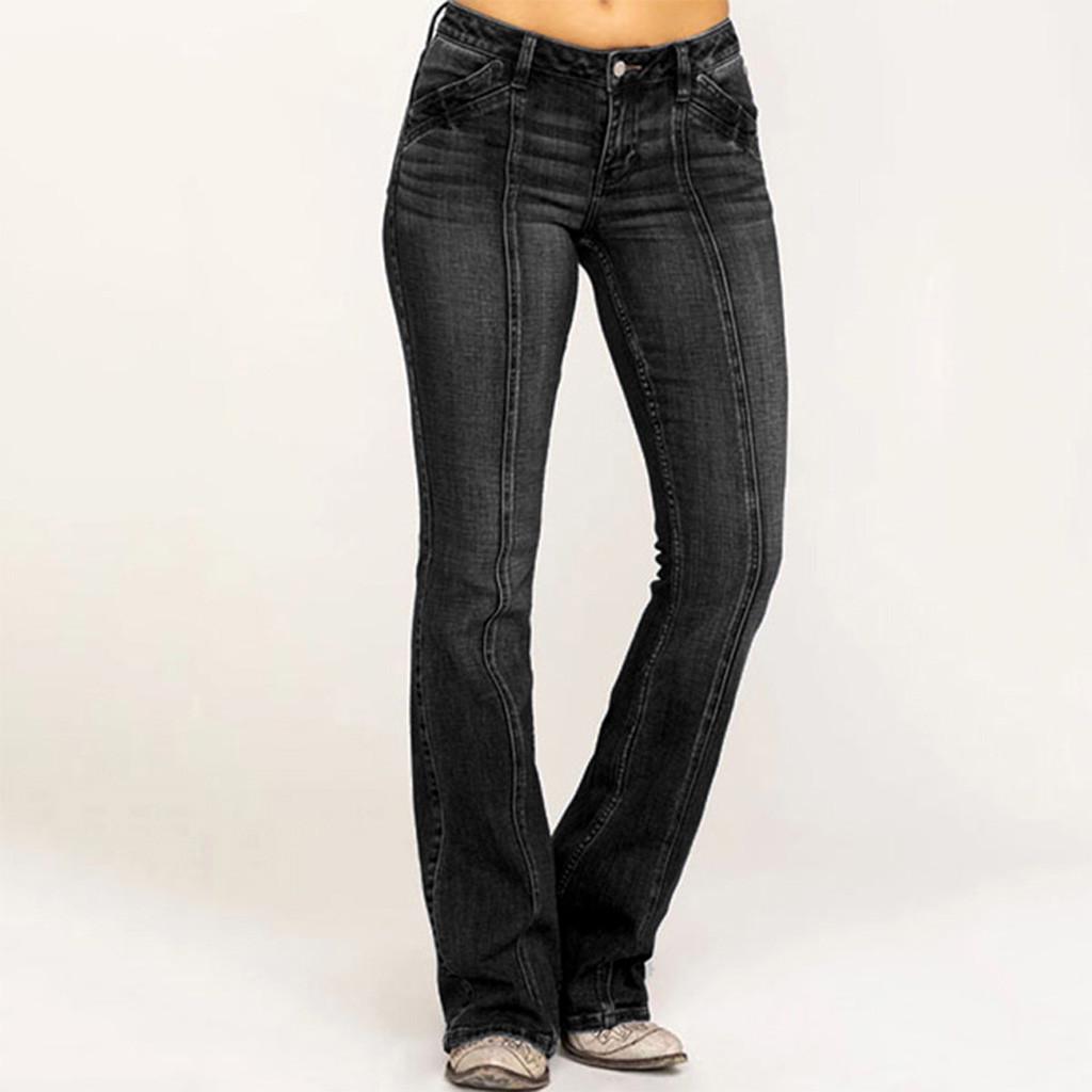Women Mid Waisted Denim Jeans Embroidery Stretch Button Flare Pants Jeans