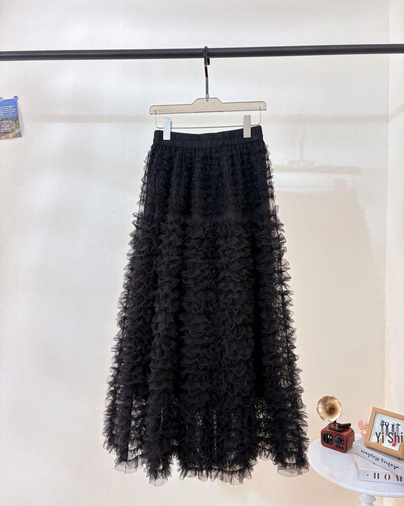 Sweet Apricot Embroidered Mesh Ruffle Midi Skirt - Fluffy, Layered and Versatile for Autumn/Winter