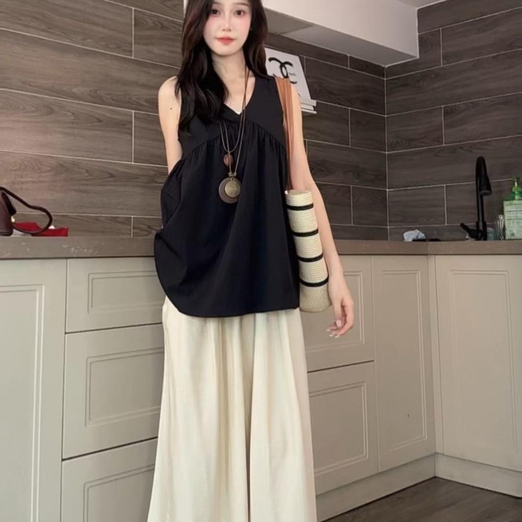 Korean Style Blue High-Waist Wide-Leg Lazy Pants Plus Size Long 9/10 Length Casual Loose Fit Fashion for Women