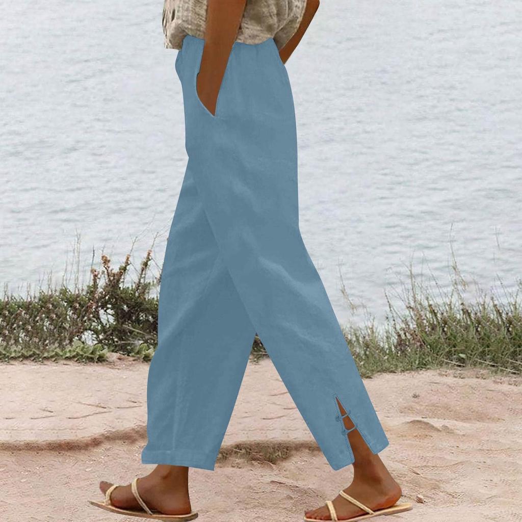 Women's Fashion Casual Pants Solid Color Straight Pants Elastic Waist  Pants With Pockets