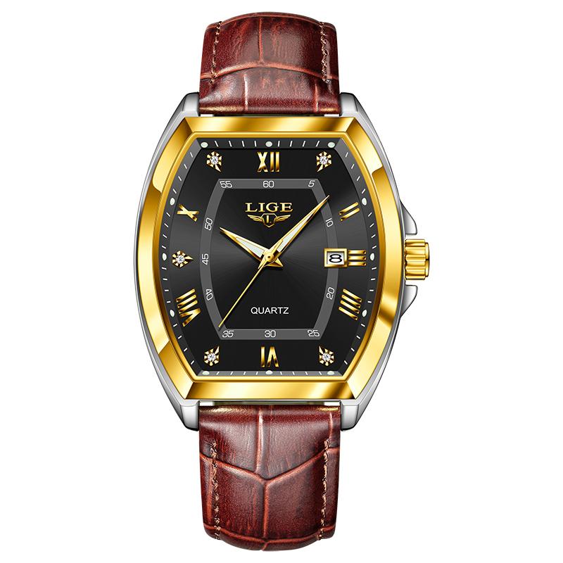 

LIGE Чоловічі годинники. Розкішний оригінальний шкіряний водонепроникний люмінесцентний циферблат із діамантовим циферблатом. Чоловічий кварцовий годинник. золотий/коричневий