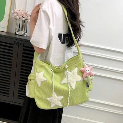 New Niche Design Handbag Cute Star Women's Shoulder Bags Student Large Capacity Commuting Tote Corduroy Solid Crossbody Bag