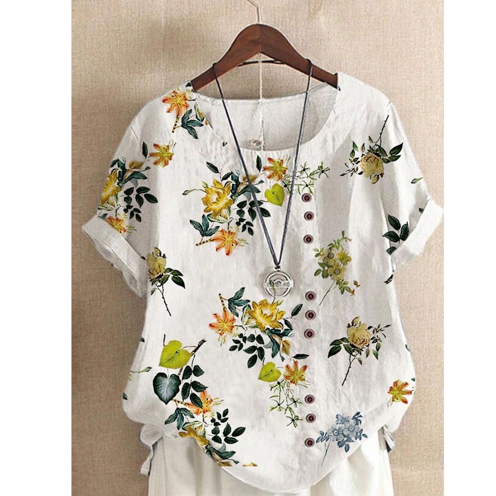 Women's Clothing Retro Printing Casual Loose Cotton and Linen Short Sleeved T-shirt Women's Clothing Large